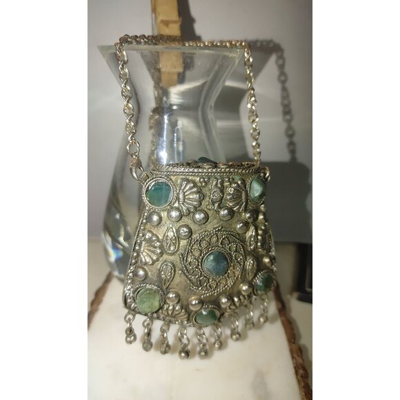 Sajai Gemstone Coin Purse Ethnic Silver Pendant Necklace Green Gemstones Bohemia - Picture 14 of 16